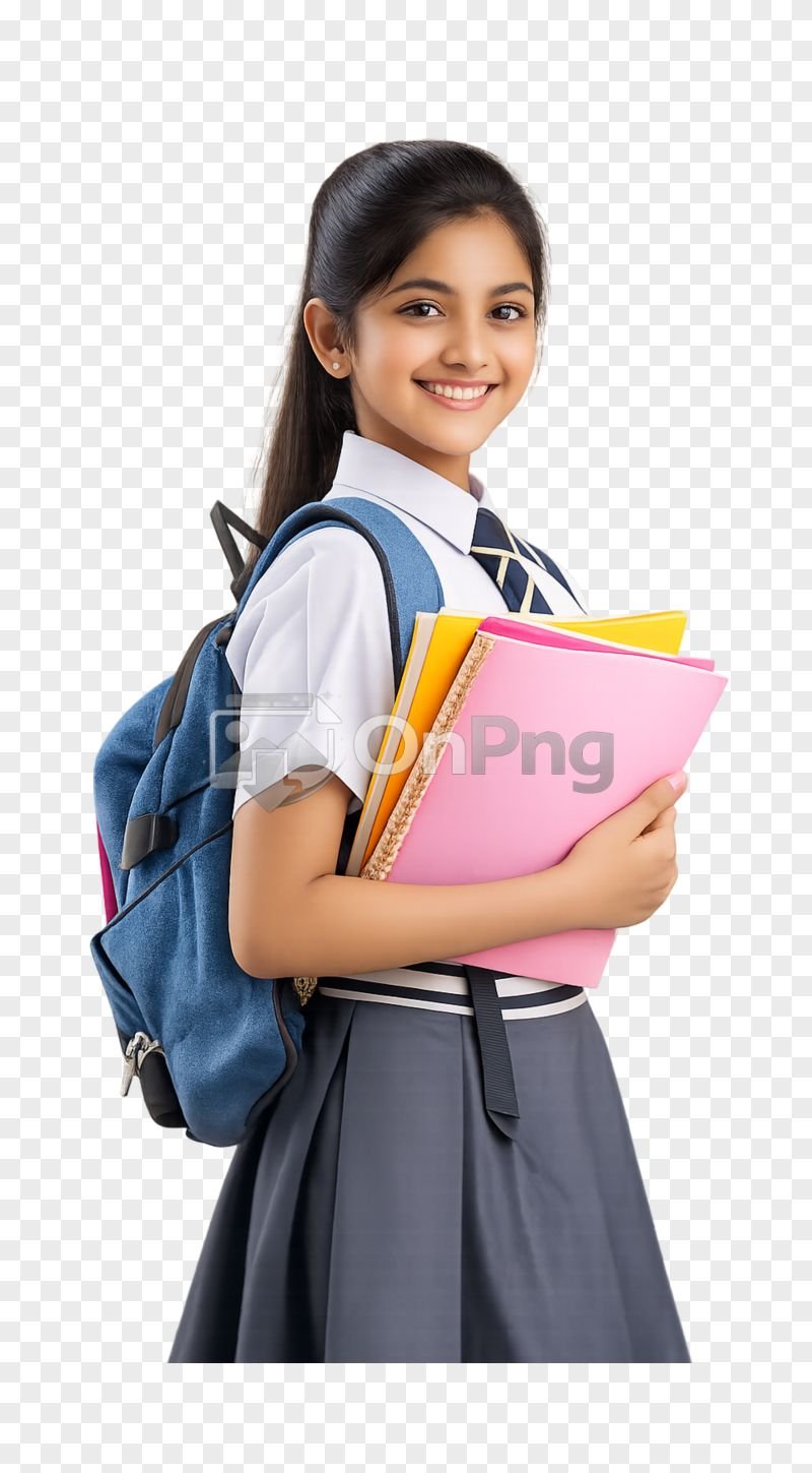 Beautiful School Girl Student PNG with Backpack and Books