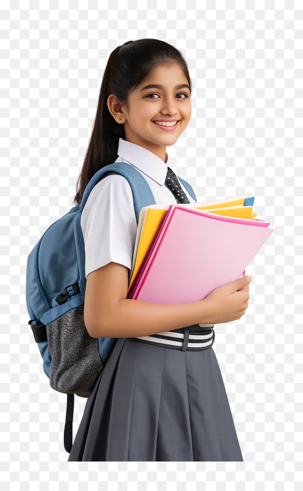 Beautiful Student Girl with School Bag and Books PNG  Transparent Background