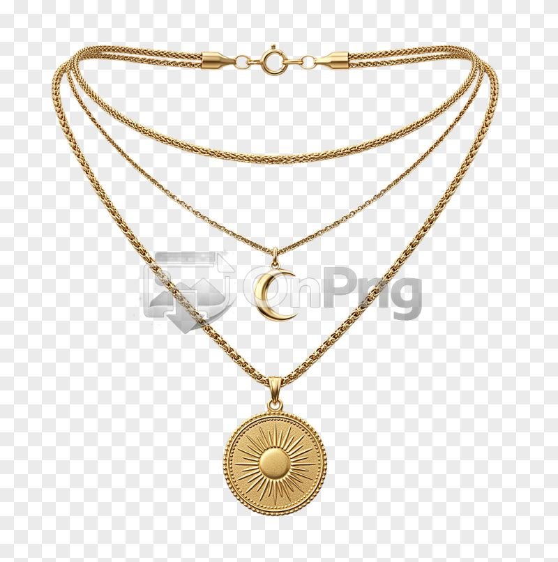 Elegant Layered Gold Necklace PNG with Sun and Moon Pendants
