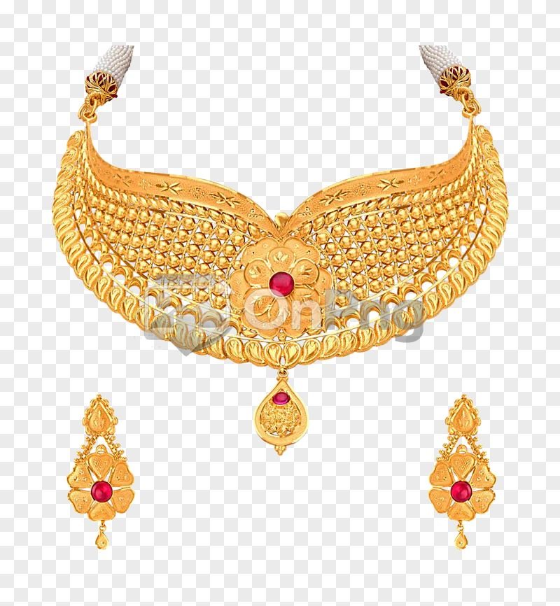 Royal Filigree Gold Necklace Set PNG with Ruby Accent – Premium Bridal Jewellery Design