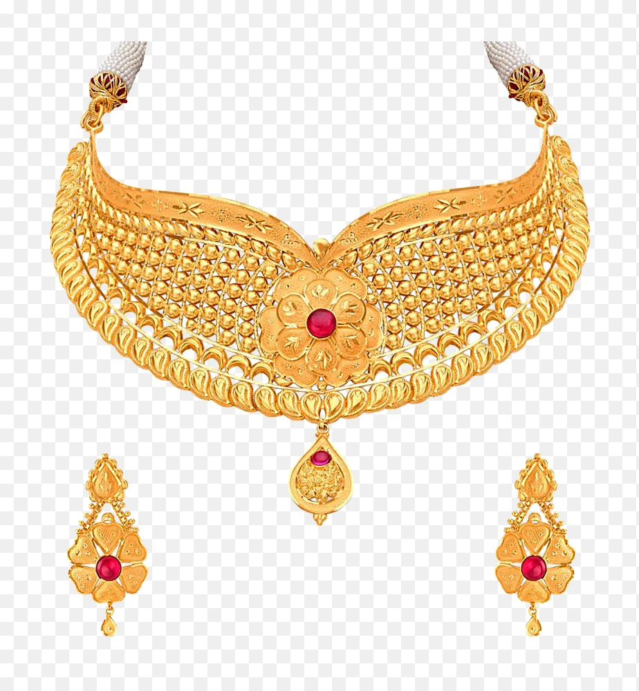 Royal Filigree Gold Necklace Set PNG with Ruby Accent – Premium Bridal Jewellery Design  Transparent Background