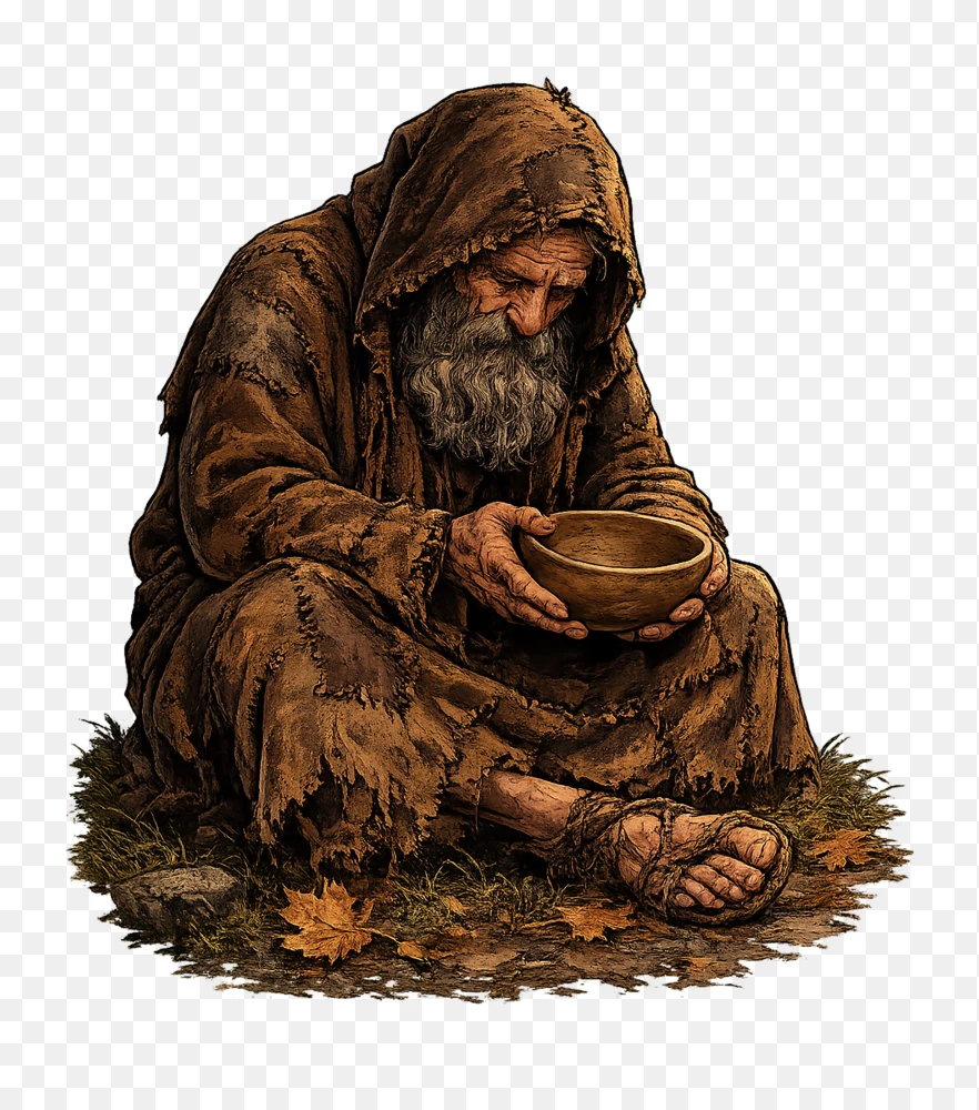 Beggar Cartoon – Sad Elderly Man Holding Empty Bowl PNG Illustration  Transparent Background