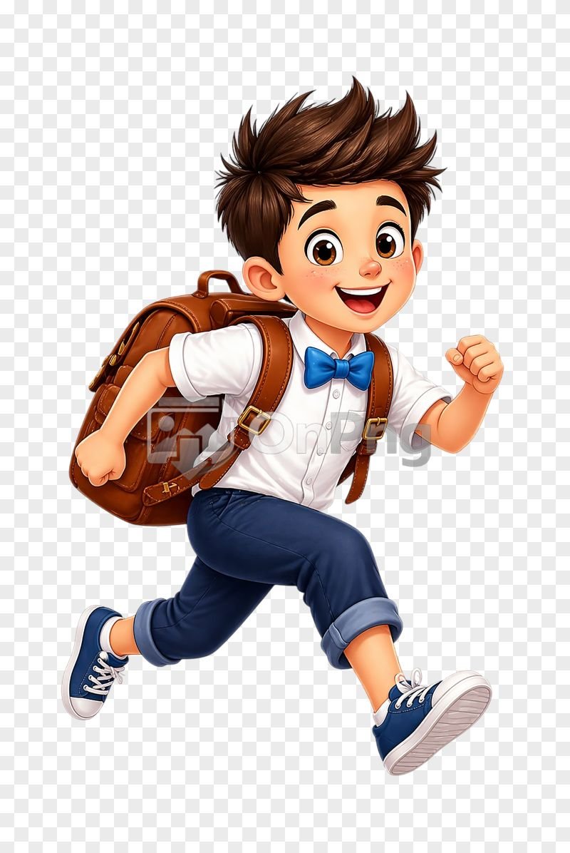 Cute Running School Boy Cartoon Images with Backpack Transparent Background