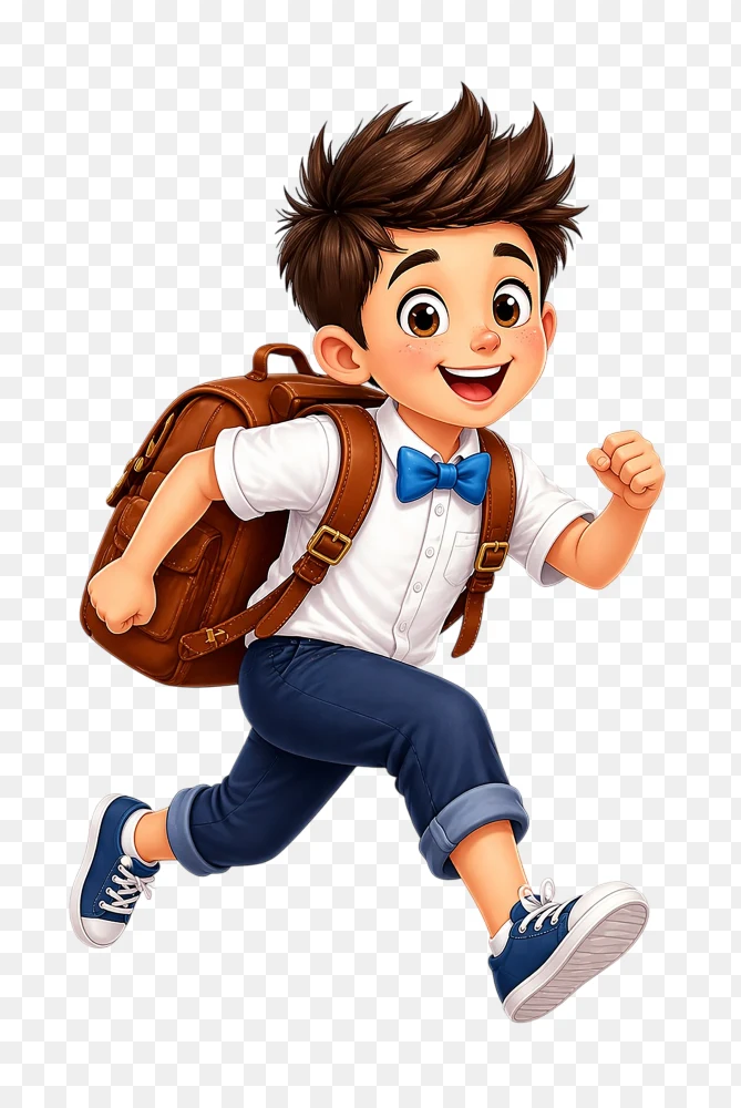Cute Running School Boy Cartoon Images with Backpack Transparent Background PNG Transparent Background