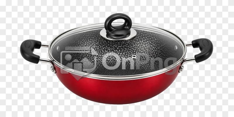 Non-Stick Kadai Png with Glass Lid Red Cooking Pan Transparent Background