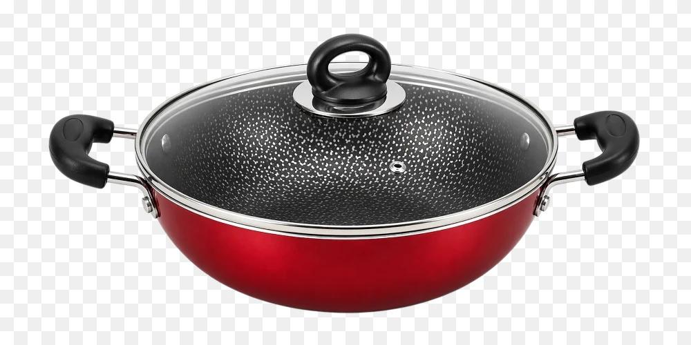 Non-Stick Kadai Png with Glass Lid Red Cooking Pan Transparent Background  Transparent Background