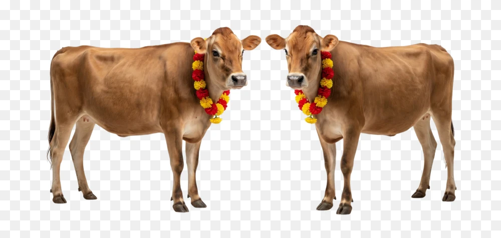 Two Decorated Light Brown Cows PNG  Transparent Background