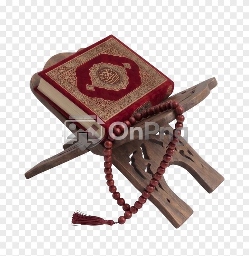Quran Kareem on Wooden Rehal with Prayer Beads PNG