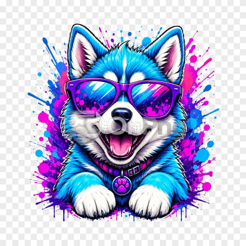 Cool Neon Blue Husky with Sunglasses Paint Splatter Illustration