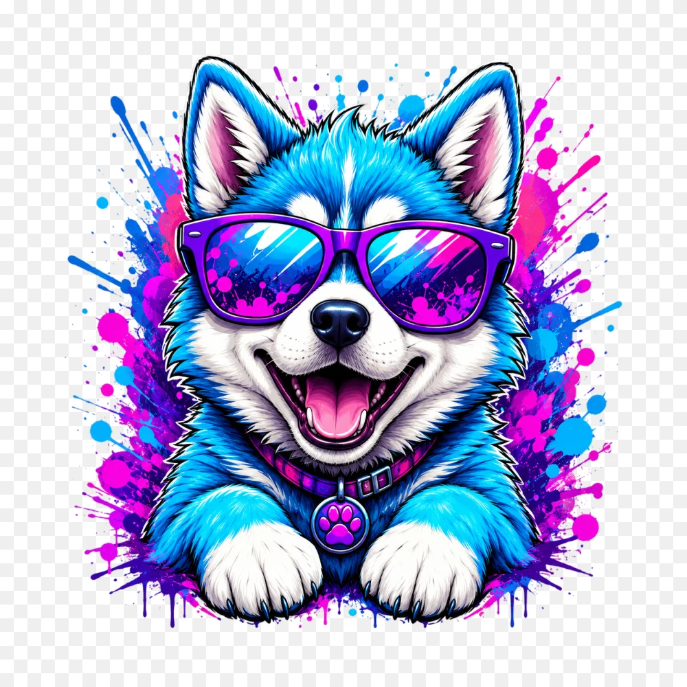 Cool Neon Blue Husky with Sunglasses Paint Splatter Illustration PNG Transparent Background