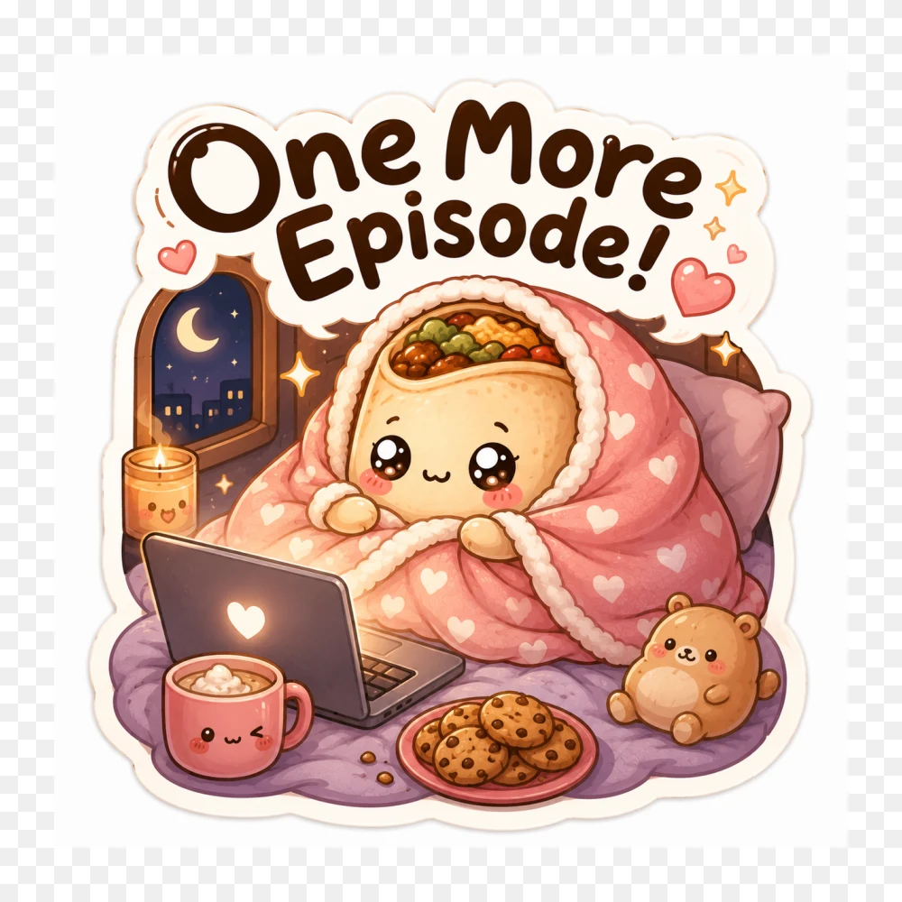 Cute Kawaii Burrito "One More Episode" Die-Cut Sticker PNG Transparent Background