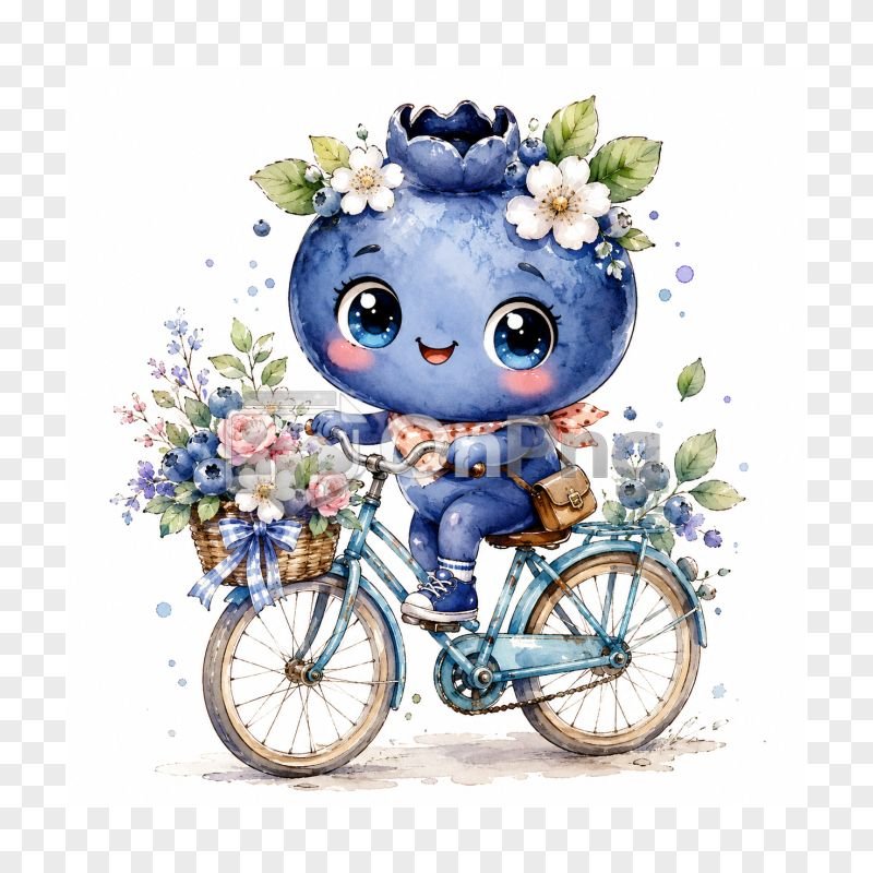 Kawaii Blueberry Character Riding Bicycle White Background