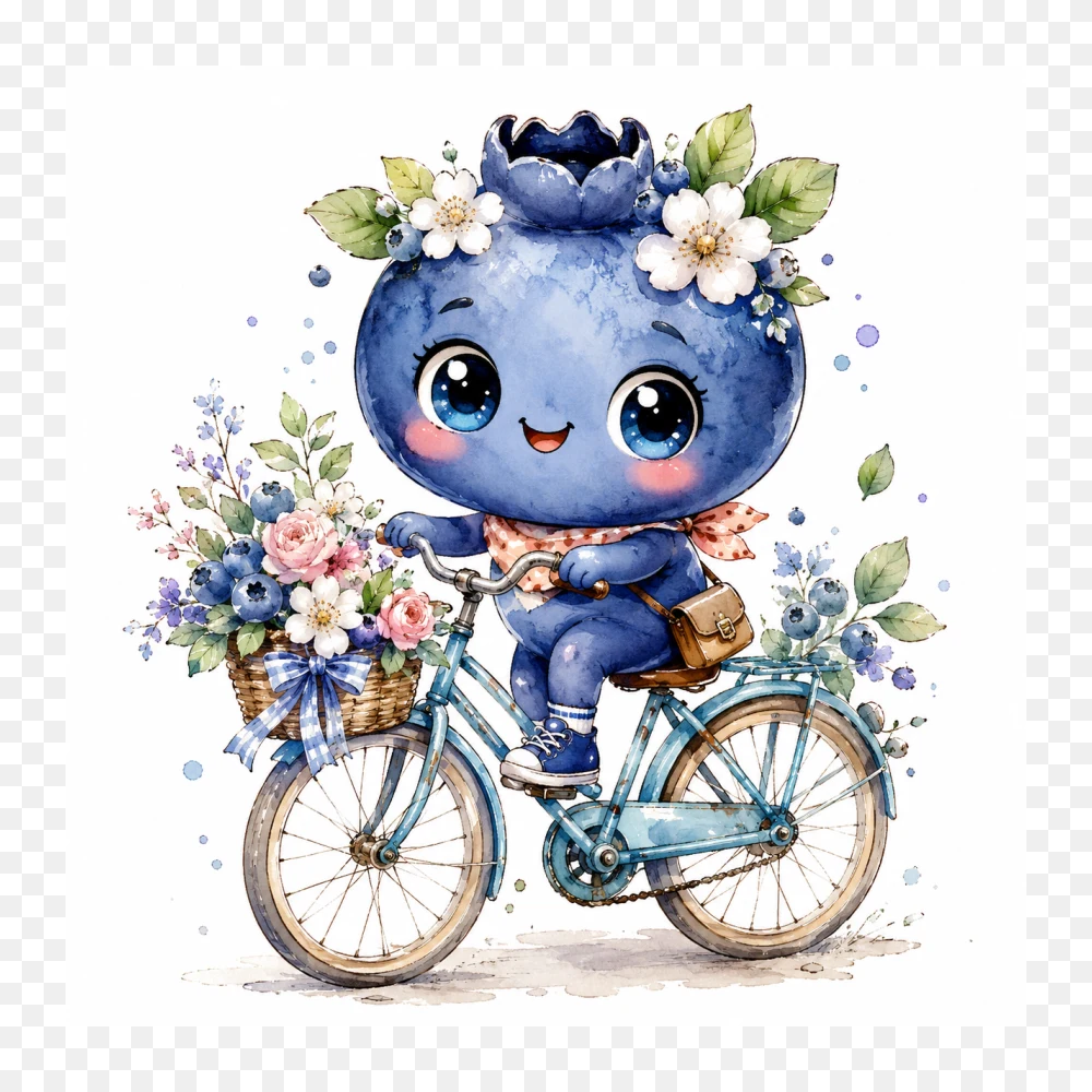 Kawaii Blueberry Character Riding Bicycle White Background PNG Transparent Background