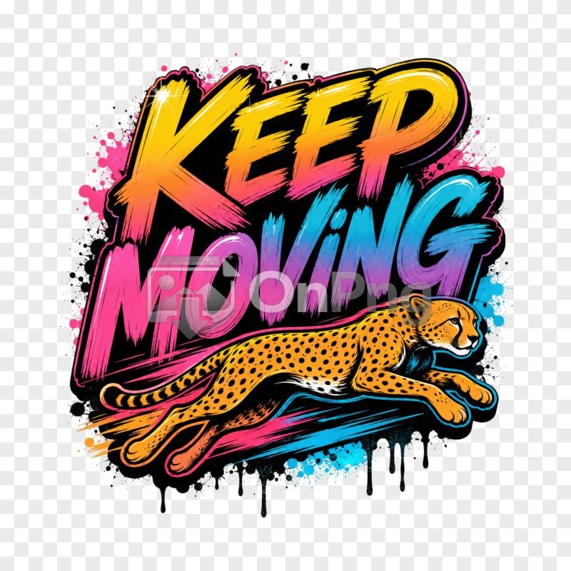 Retro Neon Cheetah "Keep Moving" PNG Transparent Background