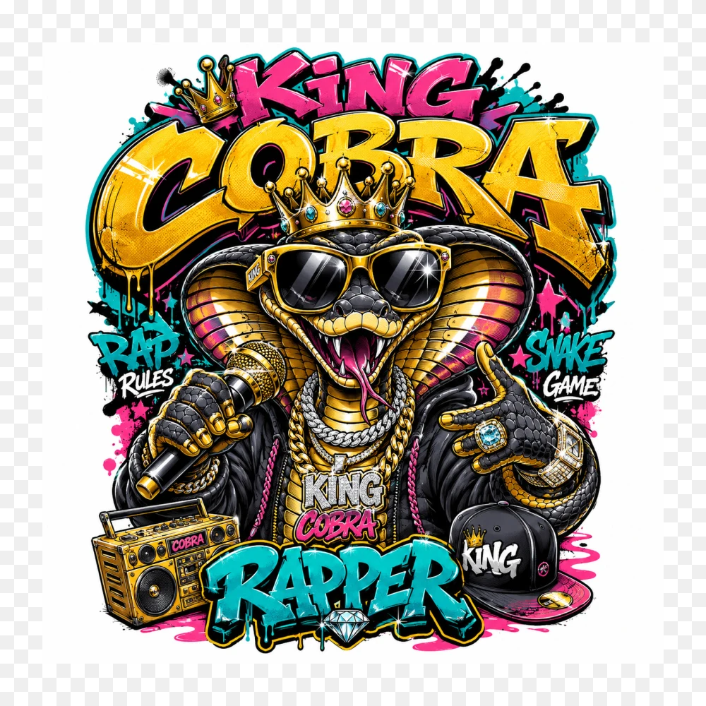Hip Hop King Cobra T-Shirt Design | Urban Rapper Graphic Tee Vector PNG Transparent Background
