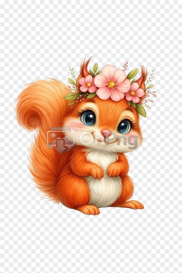 Cute Cartoon Squirrel with Flower Crown PNG