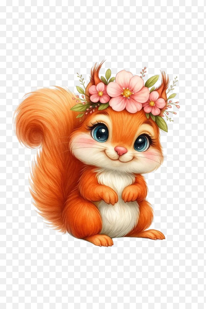 Cute Cartoon Squirrel with Flower Crown PNG  Transparent Background