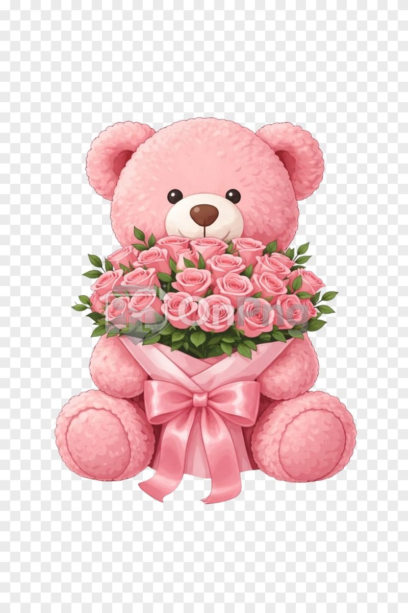 Cute Pink Teddy Bear holding Rose Bouquet