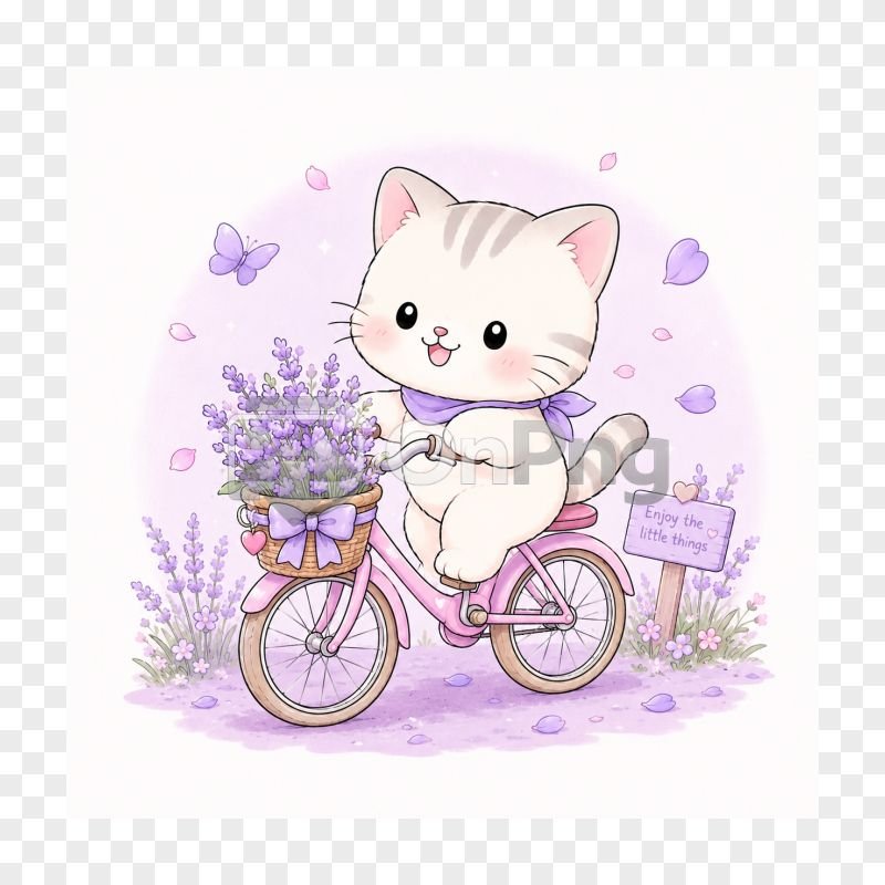 Cute Kitten Riding Bicycle with Lavender Flowers