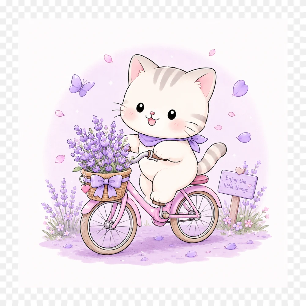 Cute Kitten Riding Bicycle with Lavender Flowers PNG Transparent Background