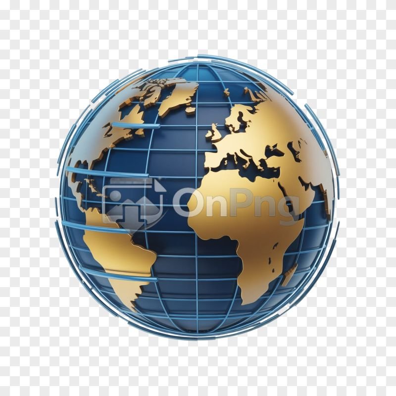 3D Gold and Blue Metallic World Globe PNG