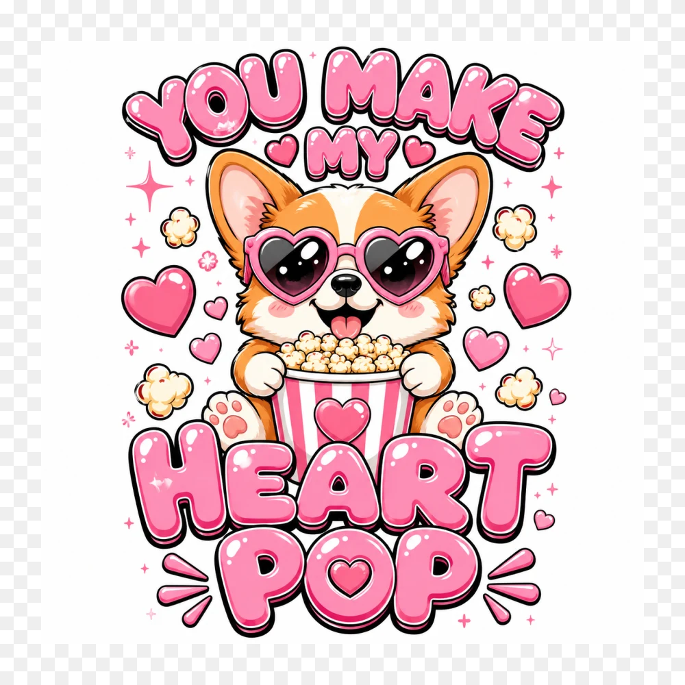 Cute Corgi Popcorn Heart Illustration Sticker Design PNG Transparent Background