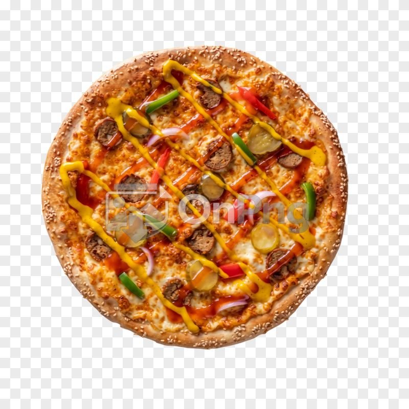 Top View Chicken Kebab Pizza with Mustard Drizzle PNG