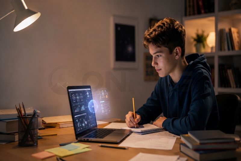 Boy Studying with Data Globe