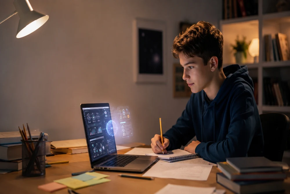 Boy Studying with Data Globe PNG Transparent Background