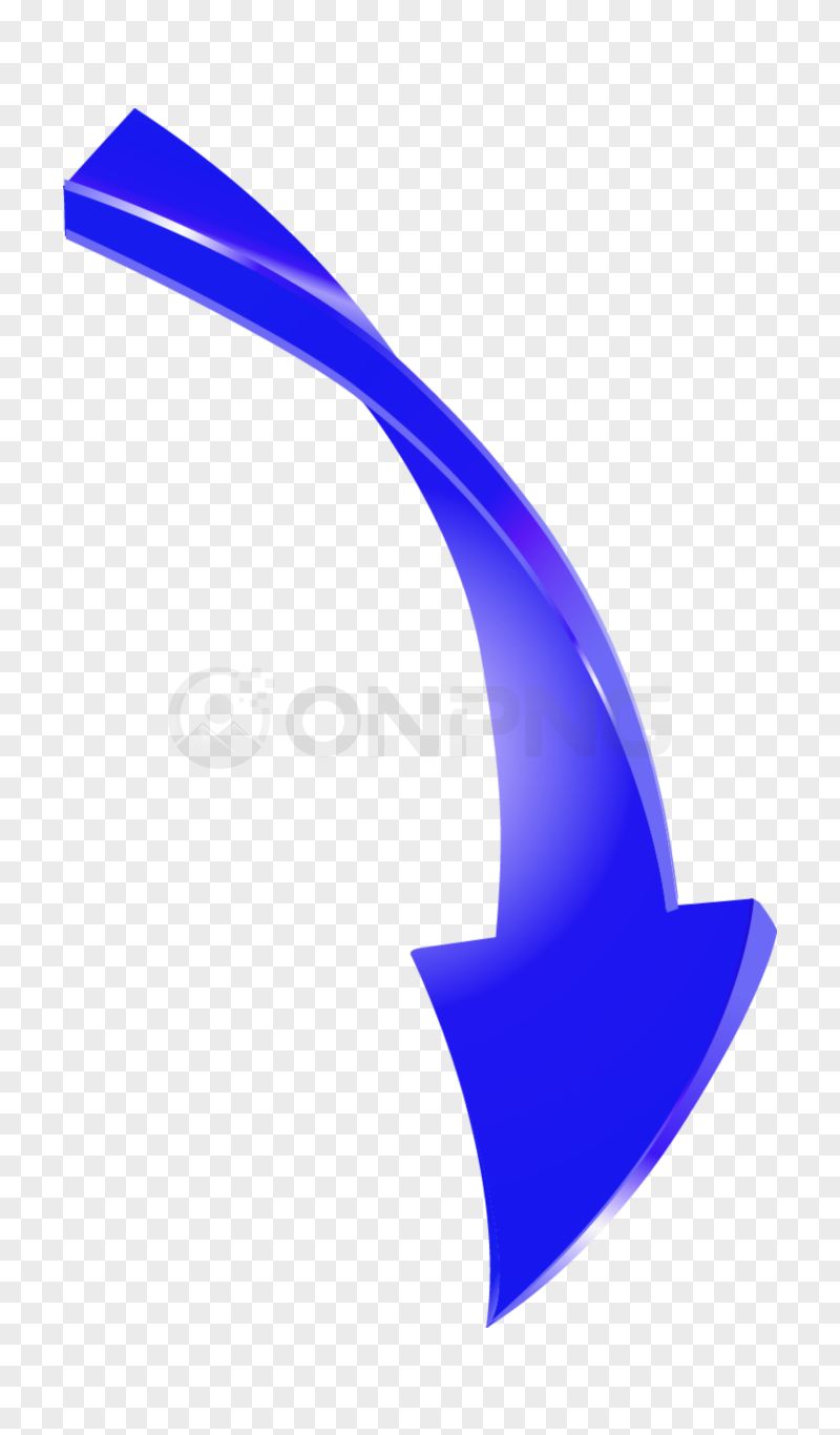 3D Glossy Blue Curved Downward Arrow PNG Transparent Background