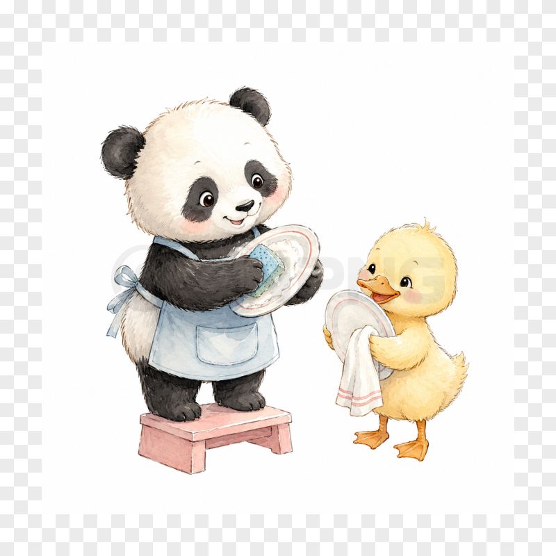 Baby Panda and Duckling Washing Dishes Watercolor