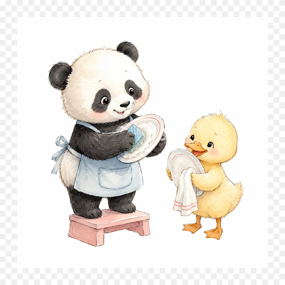 Baby Panda and Duckling Washing Dishes Watercolor PNG Transparent Background