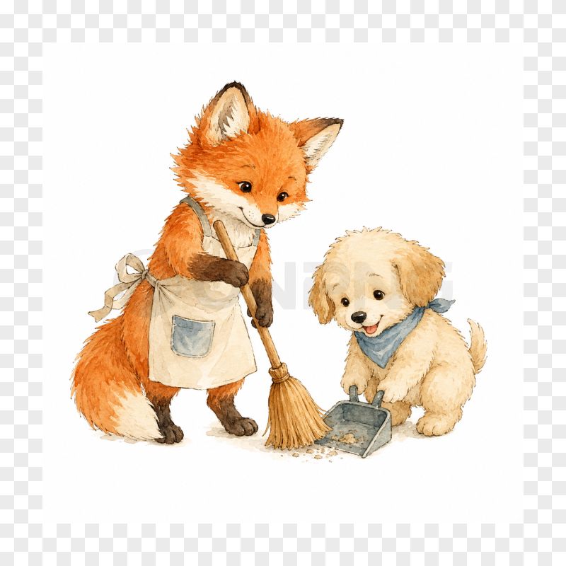 Fox and Puppy Cleaning Together Watercolor Art