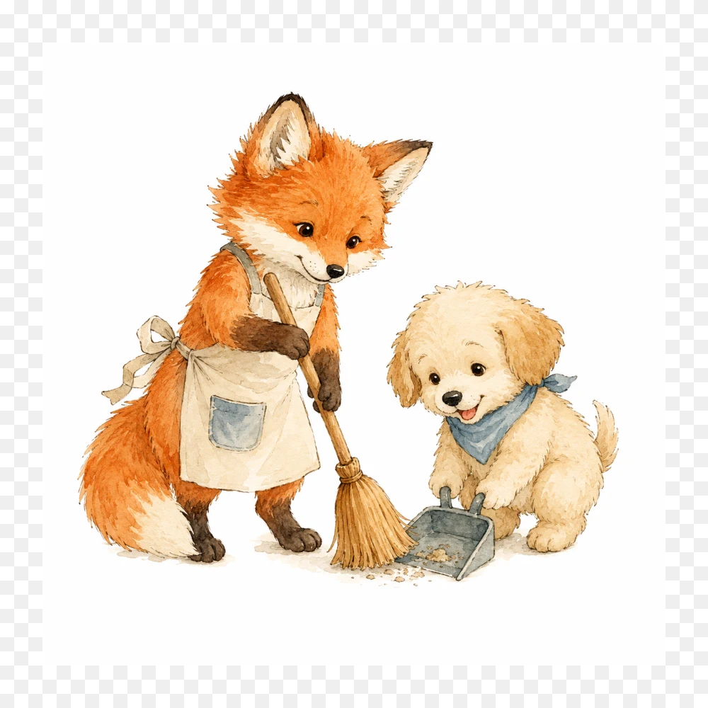 Fox and Puppy Cleaning Together Watercolor Art PNG Transparent Background
