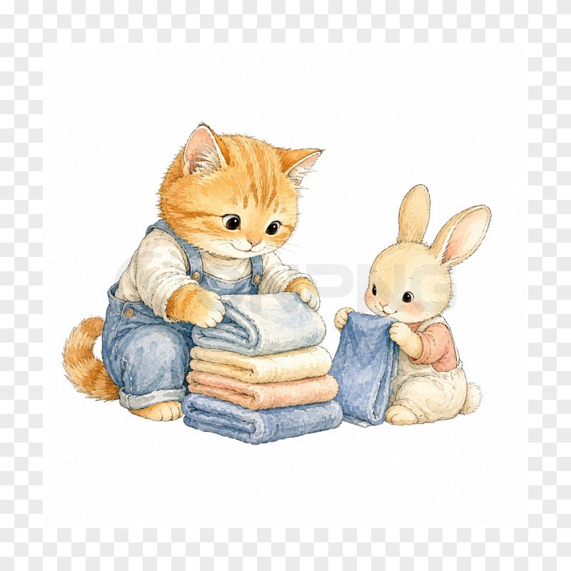 Kitten and Bunny Folding Laundry Watercolor Illustration
