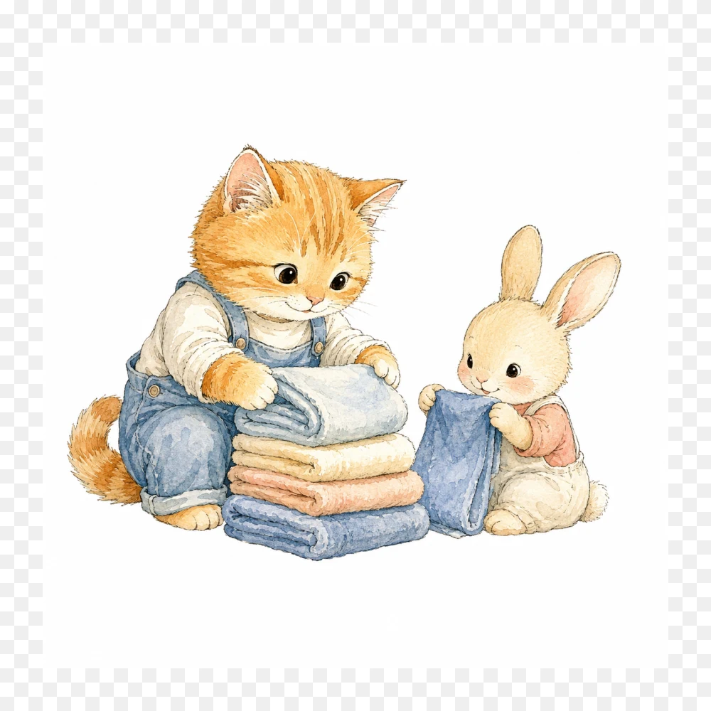 Kitten and Bunny Folding Laundry Watercolor Illustration PNG Transparent Background