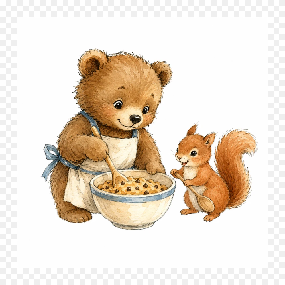 Watercolor Baby Bear with Bluebird and Flower Art PNG Transparent Background