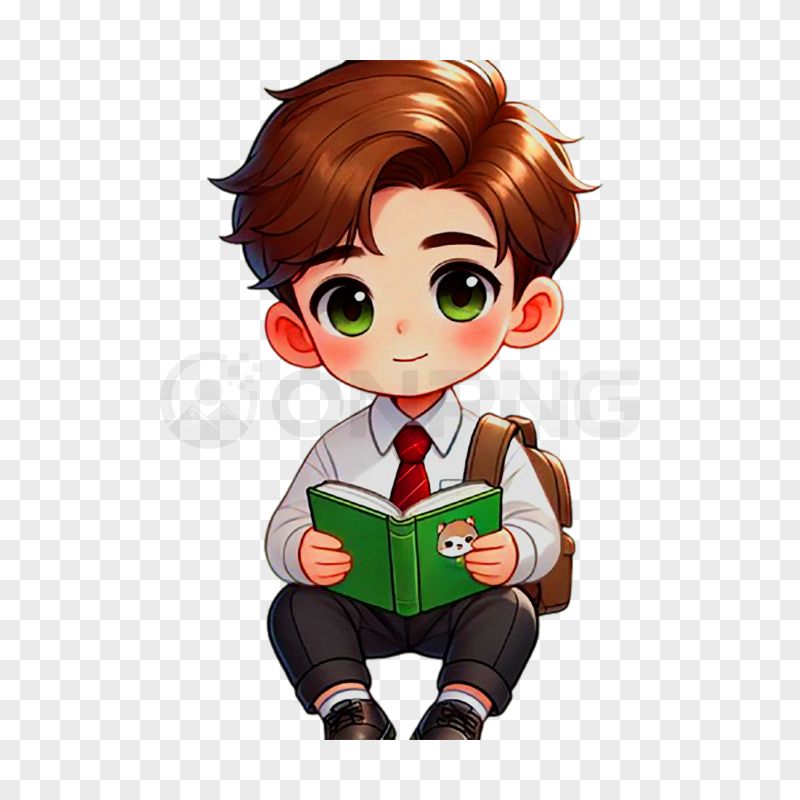 Chibi Student Reading Book PNG