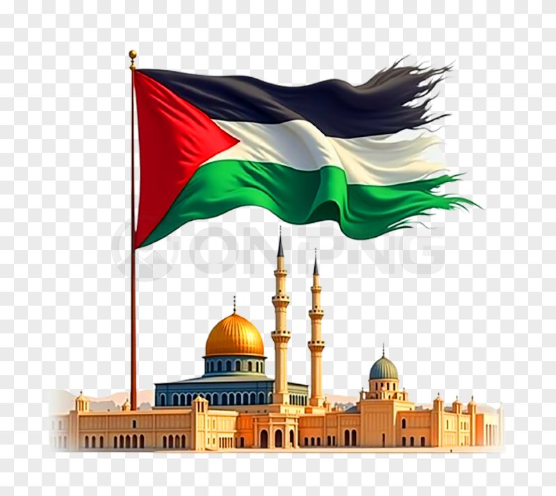 Aqsa Mosque With Waving Palestine Flag  PNG
