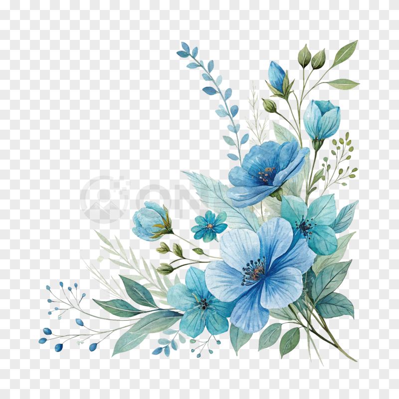 Blue Watercolor Floral PNG Transparent Background