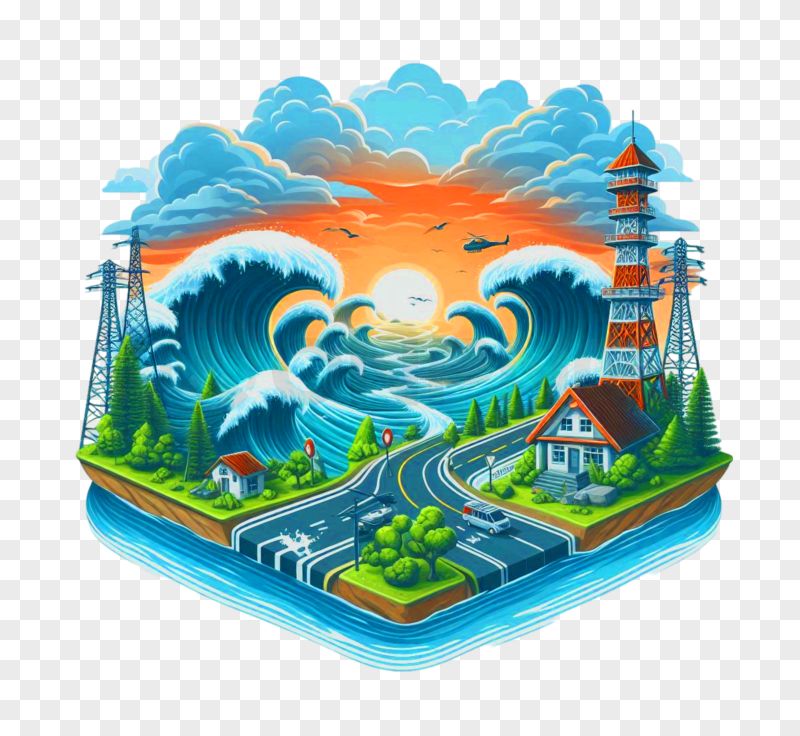Coastal Tsunami Isometric Illustration Transparent Background