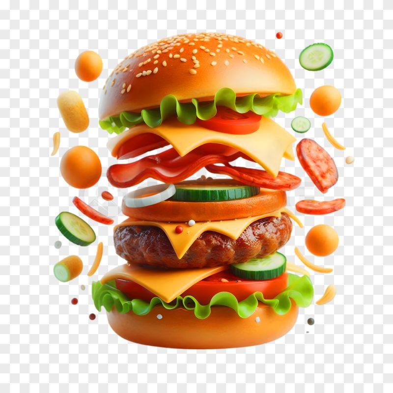 Floating Burger Ingredients PNG Transparent Background