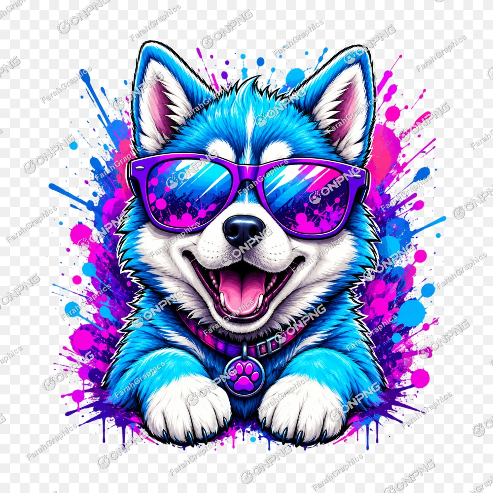 Cool Neon Blue Husky with Sunglasses Paint Splatter Illustration